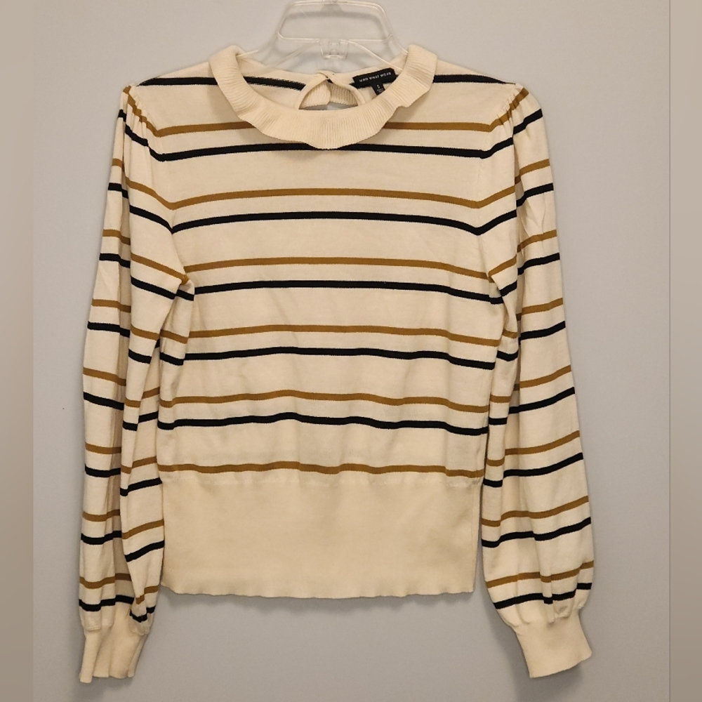 Who What Wear Cream Striped Ruffle Neck Long Sleeve Sweater Size Small